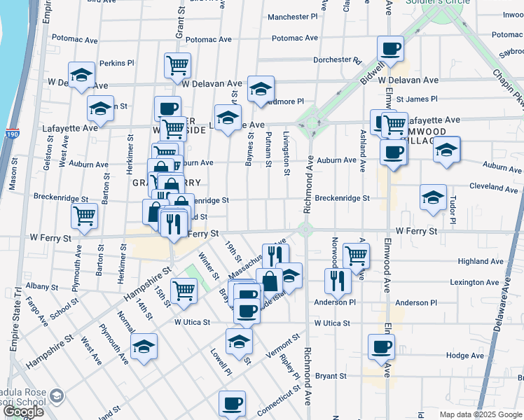 map of restaurants, bars, coffee shops, grocery stores, and more near 30 South Putnam Street in Buffalo