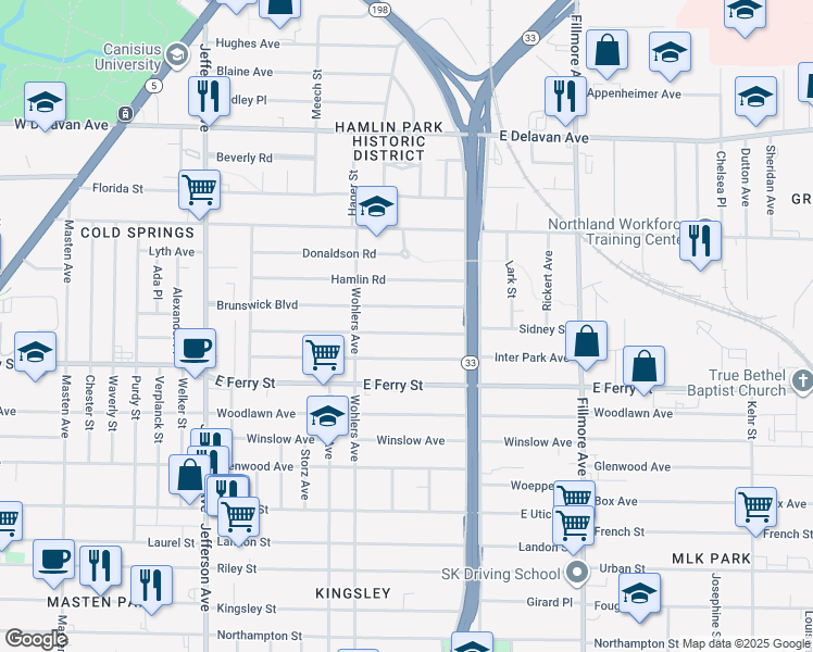 map of restaurants, bars, coffee shops, grocery stores, and more near 168 Butler Avenue in Buffalo