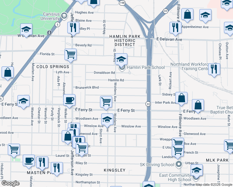 map of restaurants, bars, coffee shops, grocery stores, and more near in Buffalo