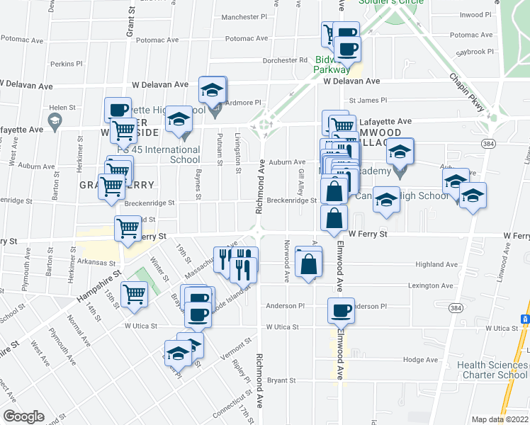 map of restaurants, bars, coffee shops, grocery stores, and more near 515 Richmond Avenue in Buffalo