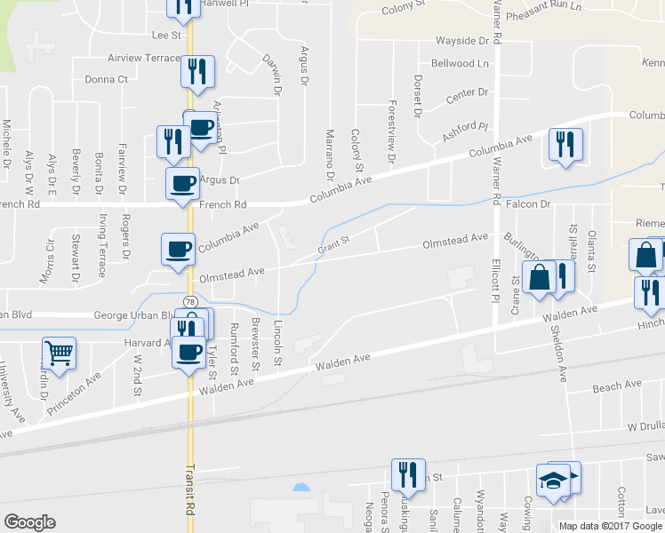 map of restaurants, bars, coffee shops, grocery stores, and more near 181 Olmstead Avenue in Depew