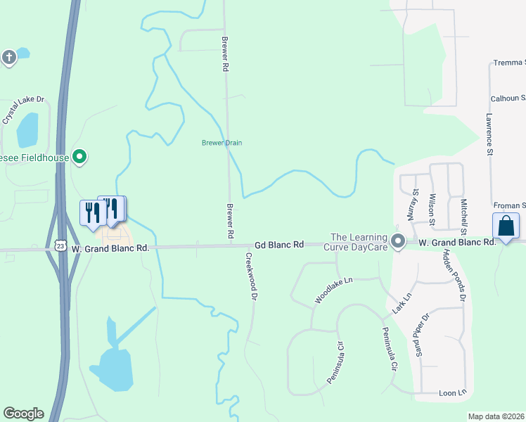 map of restaurants, bars, coffee shops, grocery stores, and more near 7471 Brewer Road in Flint