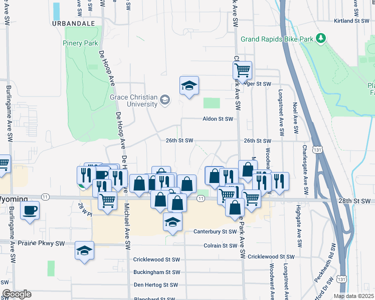 map of restaurants, bars, coffee shops, grocery stores, and more near 2621 Poe Avenue Southwest in Wyoming