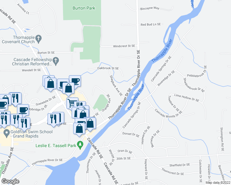 map of restaurants, bars, coffee shops, grocery stores, and more near 2615 Shagbark Avenue Southeast in Grand Rapids