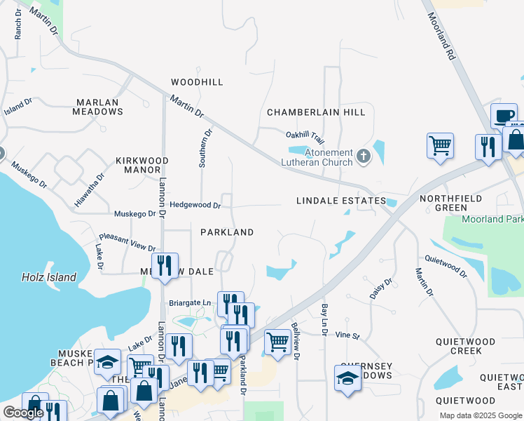 map of restaurants, bars, coffee shops, grocery stores, and more near S70W16733 Hedgewood Drive in Muskego