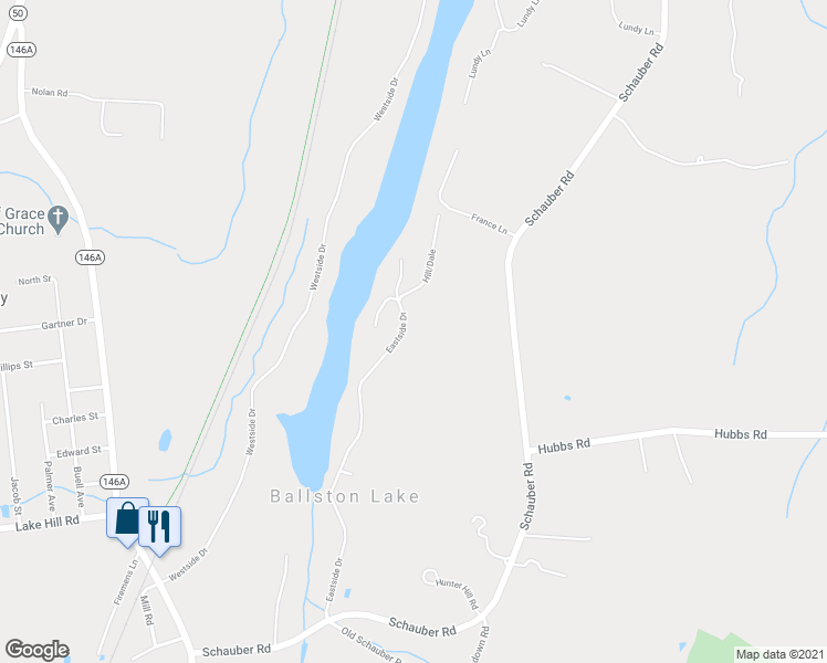 map of restaurants, bars, coffee shops, grocery stores, and more near 134 Eastside Drive in Ballston Lake