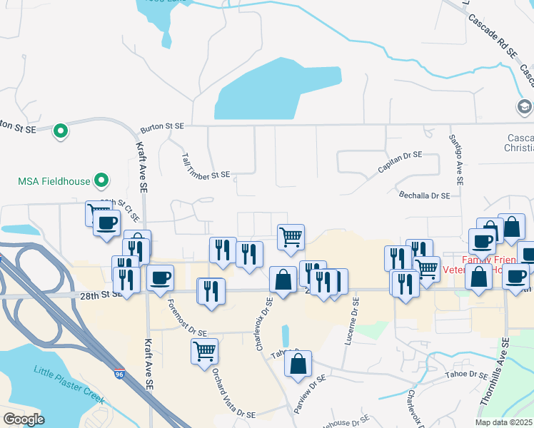 map of restaurants, bars, coffee shops, grocery stores, and more near 2617 Springmill Avenue Southeast in Grand Rapids