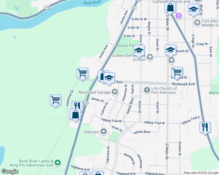 map of restaurants, bars, coffee shops, grocery stores, and more near in Fort Atkinson