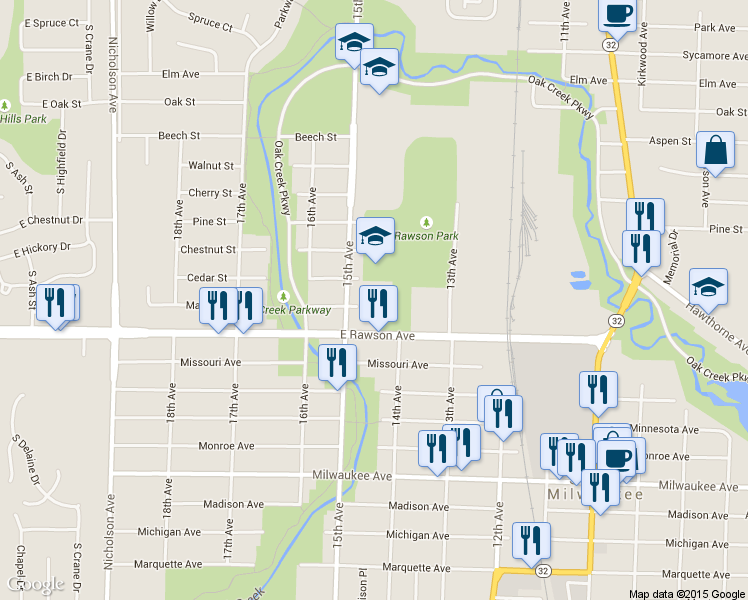 map of restaurants, bars, coffee shops, grocery stores, and more near 1410 Rawson Avenue in South Milwaukee
