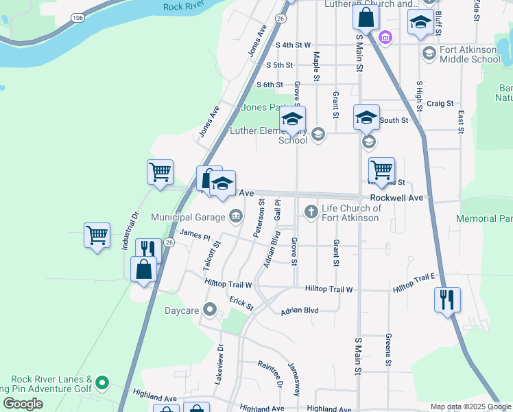 map of restaurants, bars, coffee shops, grocery stores, and more near 912 Peterson Street in Fort Atkinson