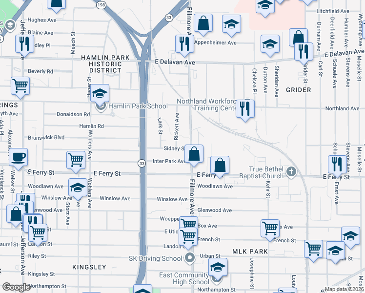 map of restaurants, bars, coffee shops, grocery stores, and more near 84 Sidney Street in Buffalo