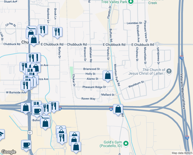 map of restaurants, bars, coffee shops, grocery stores, and more near 532 Alamo Street in Pocatello