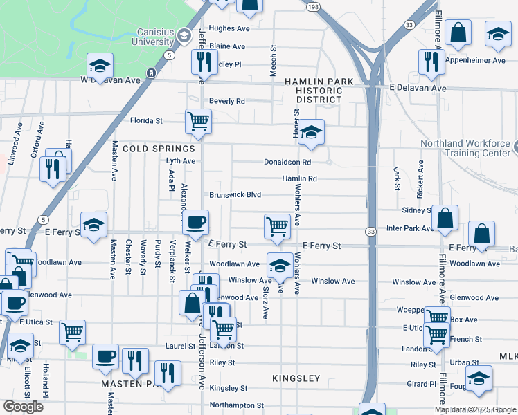 map of restaurants, bars, coffee shops, grocery stores, and more near 44 Butler Avenue in Buffalo