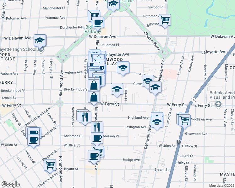 map of restaurants, bars, coffee shops, grocery stores, and more near 41 Saint Catherines Court in Buffalo