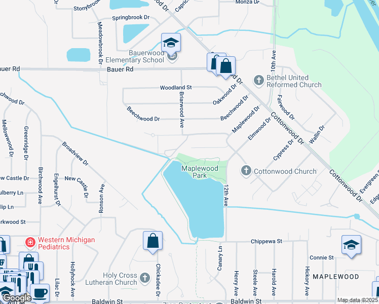 map of restaurants, bars, coffee shops, grocery stores, and more near 1280 Elmwood Drive in Georgetown Township