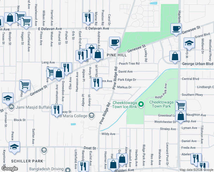 map of restaurants, bars, coffee shops, grocery stores, and more near 108 Herbert Avenue in Buffalo