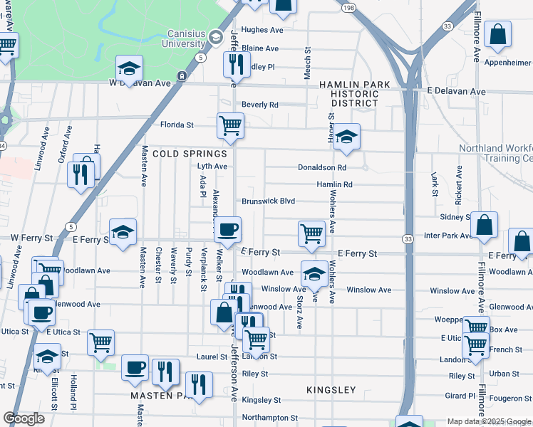 map of restaurants, bars, coffee shops, grocery stores, and more near 2 Butler Ave in Buffalo