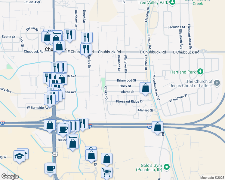 map of restaurants, bars, coffee shops, grocery stores, and more near 436 Alamo Street in Pocatello