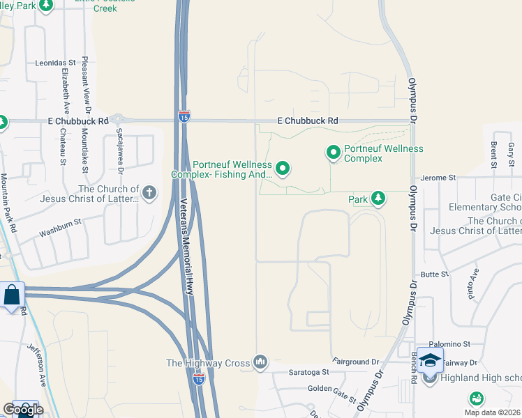 map of restaurants, bars, coffee shops, grocery stores, and more near 10820 Fairground Drive in Pocatello