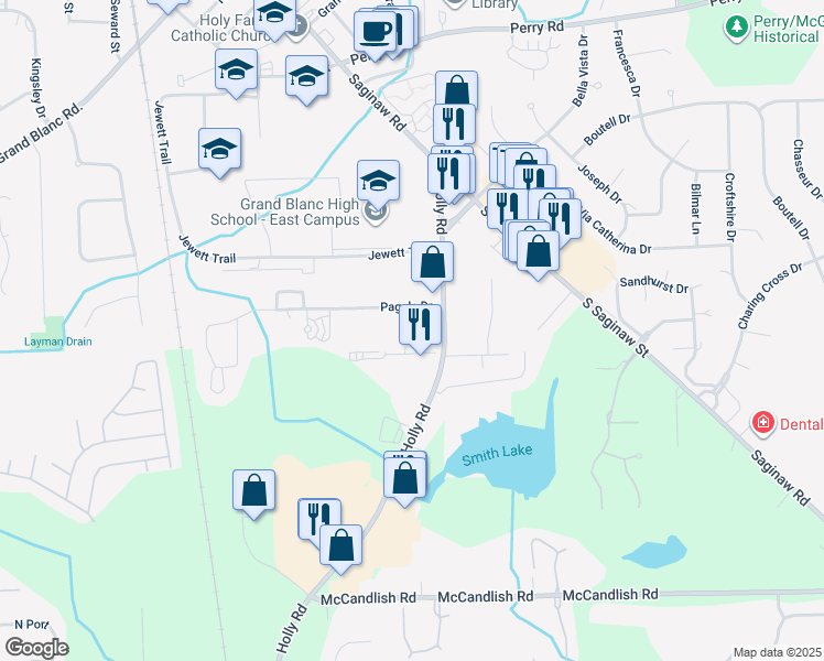 map of restaurants, bars, coffee shops, grocery stores, and more near 12640 Holly Road in Grand Blanc