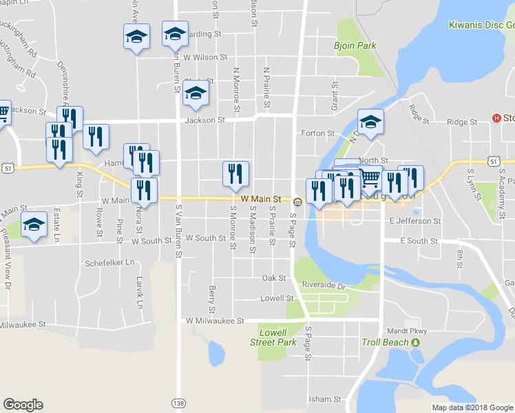 map of restaurants, bars, coffee shops, grocery stores, and more near 309 South Madison Street in Stoughton