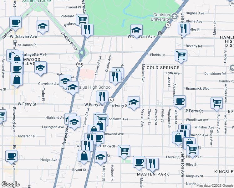 map of restaurants, bars, coffee shops, grocery stores, and more near 1593 Main Street in Buffalo