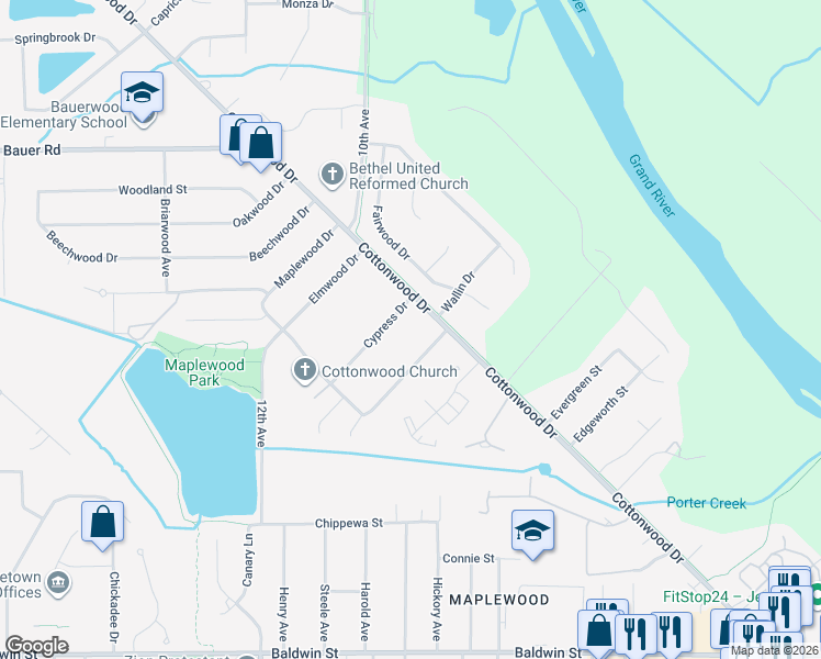 map of restaurants, bars, coffee shops, grocery stores, and more near 948 Cypress Drive in Jenison
