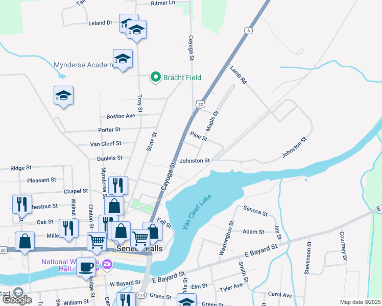 map of restaurants, bars, coffee shops, grocery stores, and more near 3 Maple Street in Seneca Falls