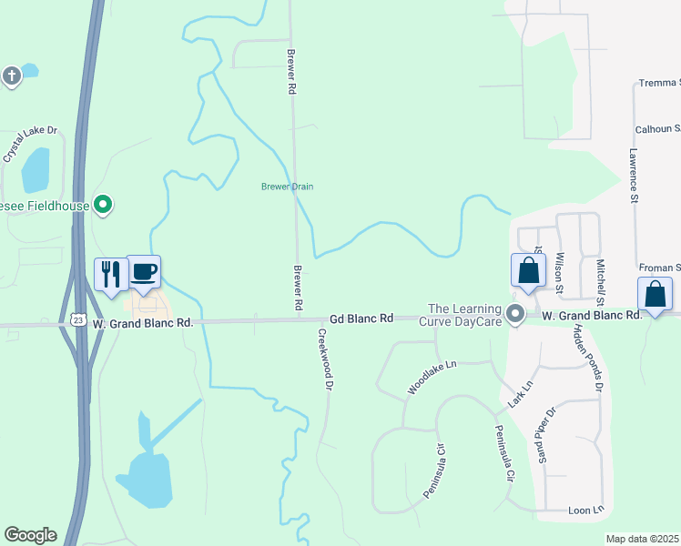 map of restaurants, bars, coffee shops, grocery stores, and more near 7471 Brewer Road in Flint