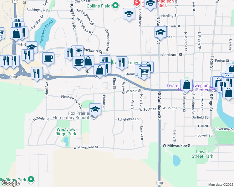 map of restaurants, bars, coffee shops, grocery stores, and more near 1323 West Main Street in Stoughton