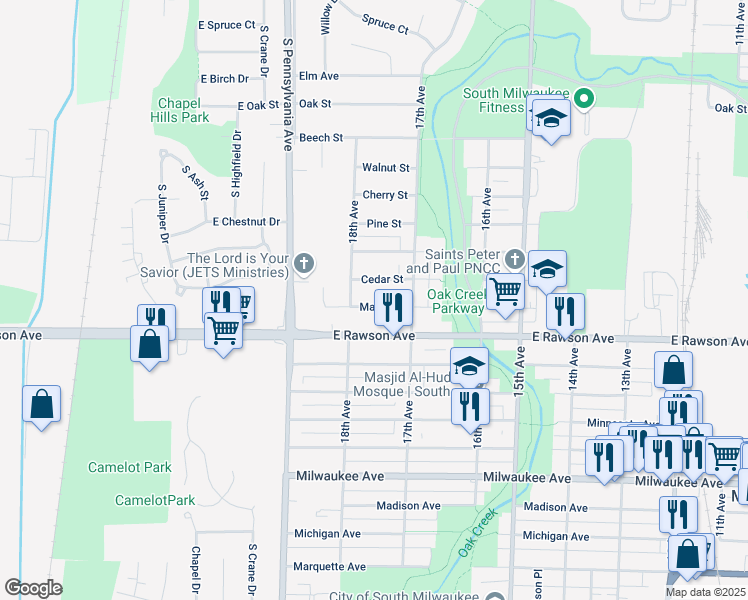 map of restaurants, bars, coffee shops, grocery stores, and more near 1724 Maple Street in South Milwaukee