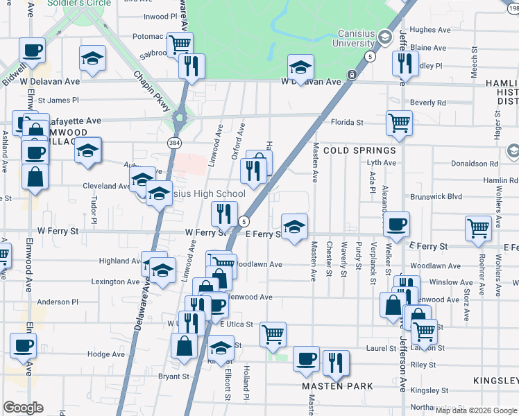 map of restaurants, bars, coffee shops, grocery stores, and more near 1593 Main Street in Buffalo