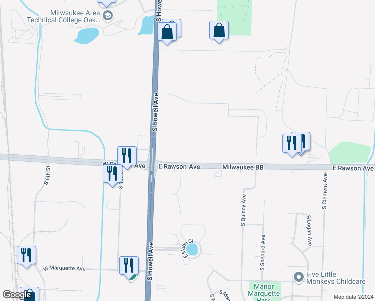 map of restaurants, bars, coffee shops, grocery stores, and more near 140 East Rawson Avenue in Oak Creek