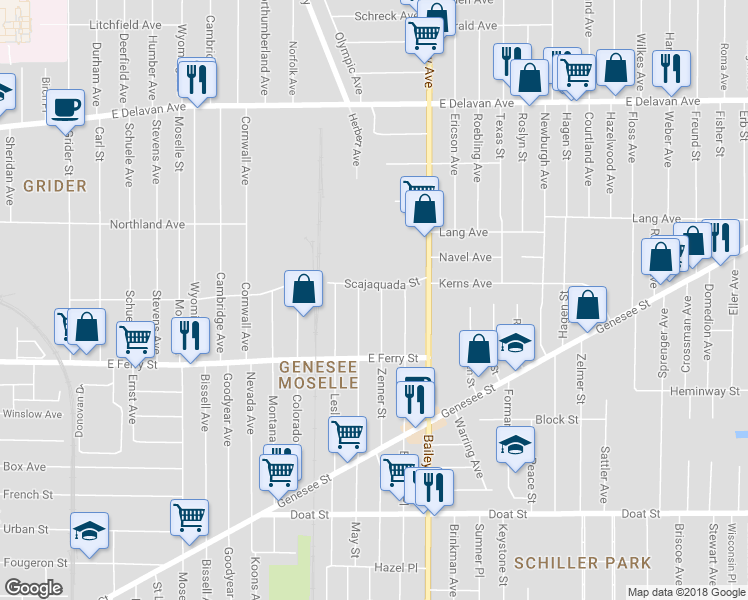 map of restaurants, bars, coffee shops, grocery stores, and more near 168 Zenner Street in Buffalo