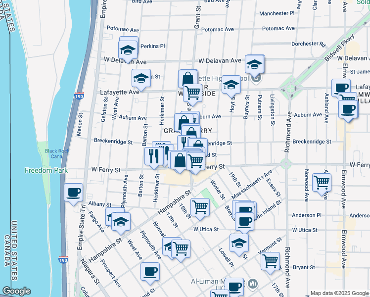 map of restaurants, bars, coffee shops, grocery stores, and more near 96 Grant Street in Buffalo