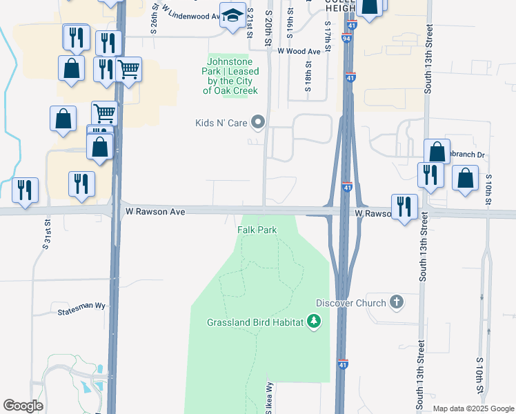 map of restaurants, bars, coffee shops, grocery stores, and more near 2010 West Rawson Avenue in Oak Creek