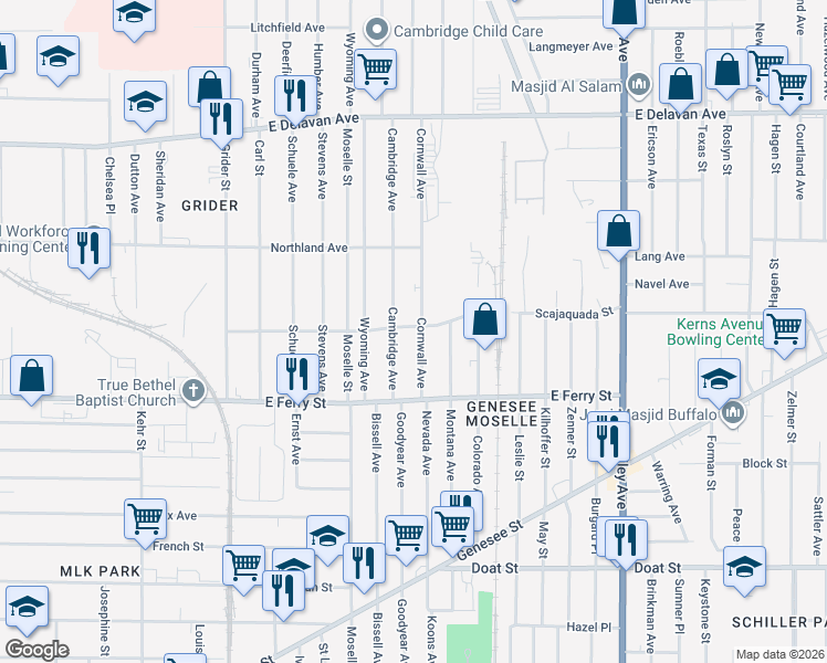 map of restaurants, bars, coffee shops, grocery stores, and more near 66 Cornwall Avenue in Buffalo