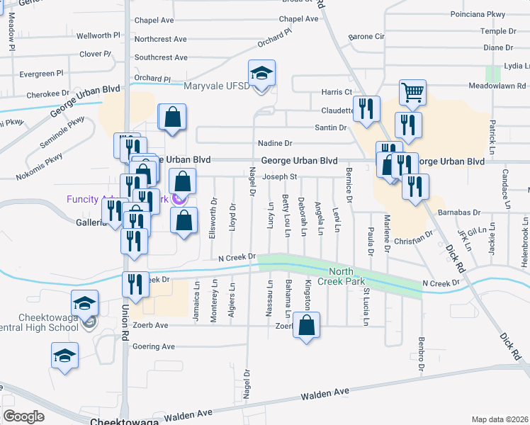 map of restaurants, bars, coffee shops, grocery stores, and more near 33 Lucy Lane in Buffalo