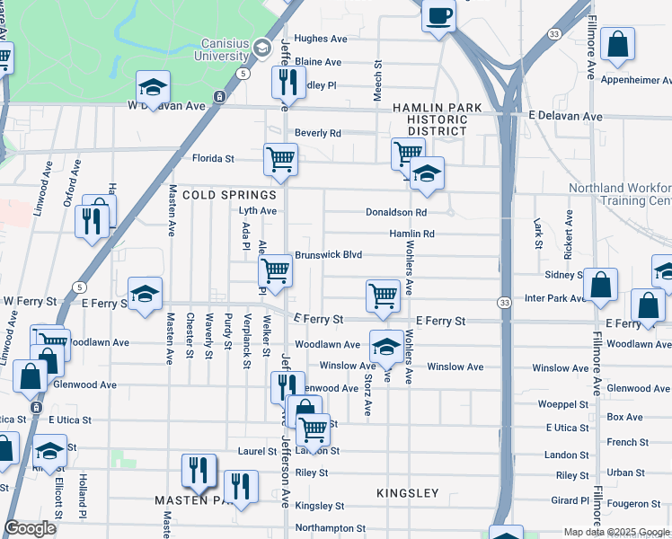 map of restaurants, bars, coffee shops, grocery stores, and more near 2 Butler Avenue in Buffalo