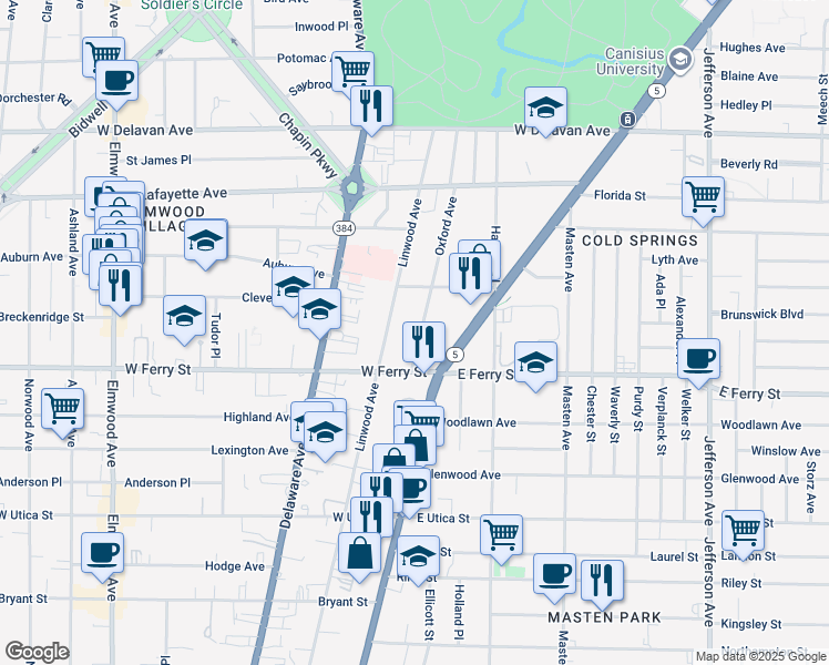 map of restaurants, bars, coffee shops, grocery stores, and more near 42 Oxford Avenue in Buffalo