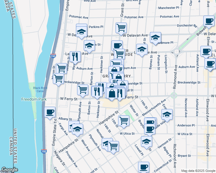 map of restaurants, bars, coffee shops, grocery stores, and more near in Buffalo
