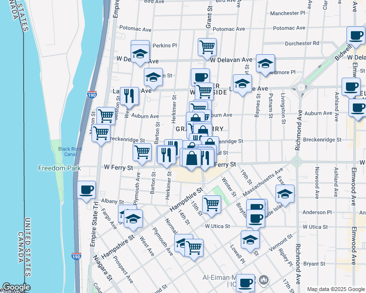 map of restaurants, bars, coffee shops, grocery stores, and more near in Buffalo