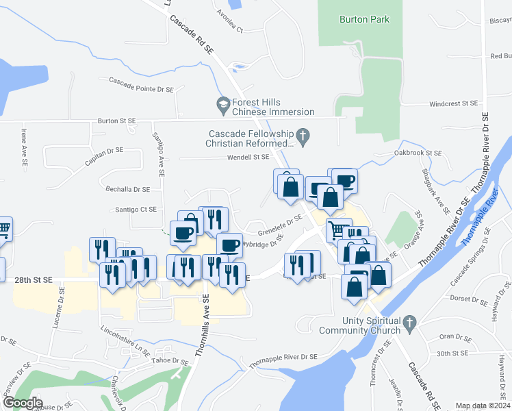 map of restaurants, bars, coffee shops, grocery stores, and more near 2664 Wyndham Drive Southeast in Grand Rapids