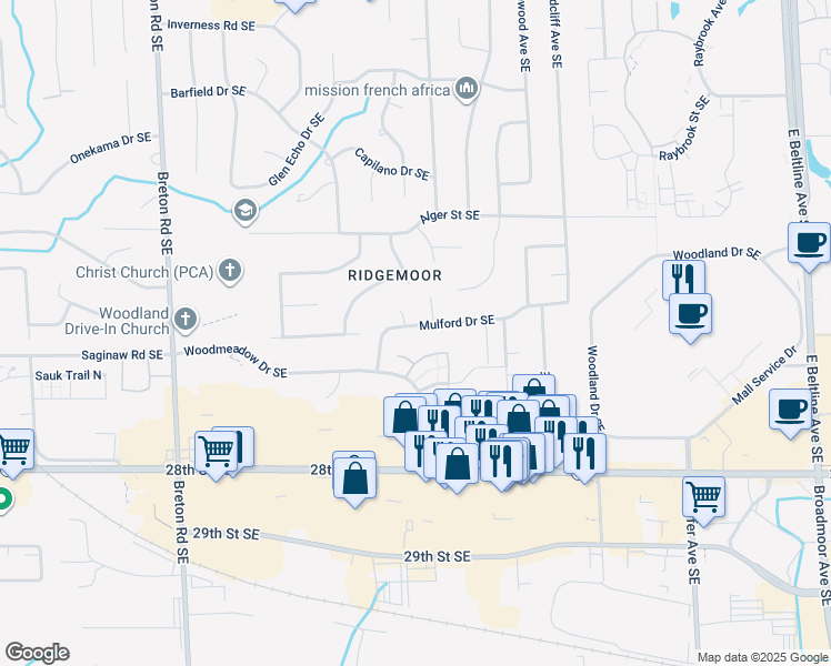 map of restaurants, bars, coffee shops, grocery stores, and more near 2768 Mulford Drive Southeast in Grand Rapids
