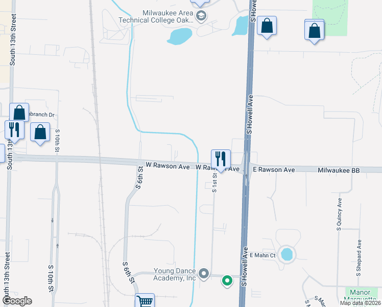 map of restaurants, bars, coffee shops, grocery stores, and more near 296 West Rawson Avenue in Oak Creek
