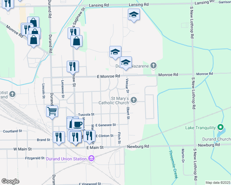 map of restaurants, bars, coffee shops, grocery stores, and more near 507 Yale Drive in Durand