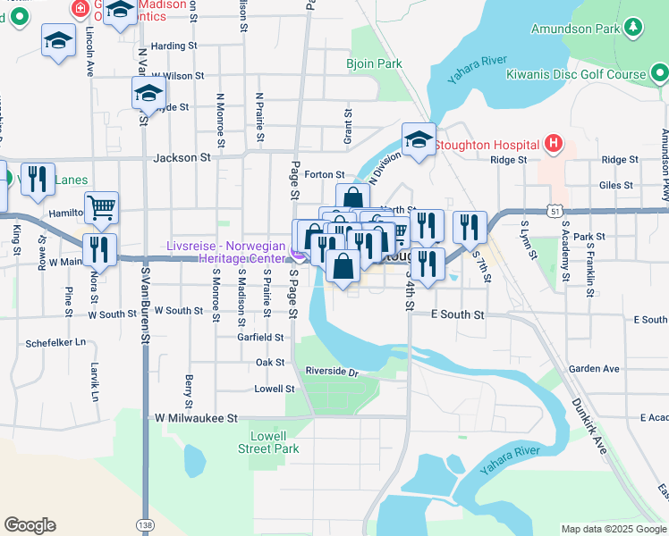 map of restaurants, bars, coffee shops, grocery stores, and more near 193 West Main Street in Stoughton