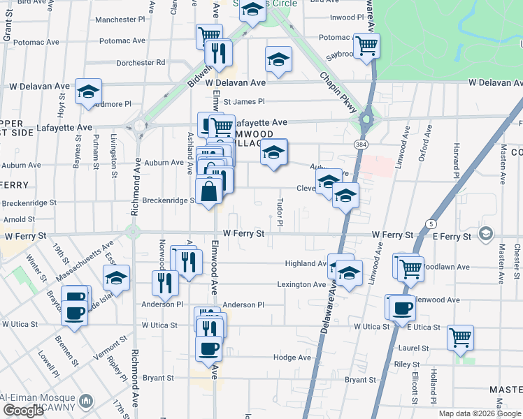 map of restaurants, bars, coffee shops, grocery stores, and more near 41 Saint Catherines Court in Buffalo