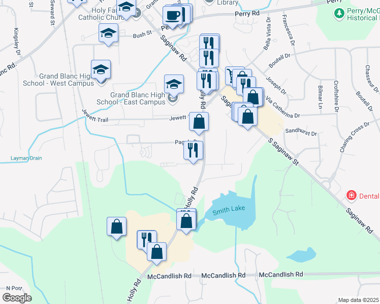 map of restaurants, bars, coffee shops, grocery stores, and more near 12640 Holly Road in Grand Blanc