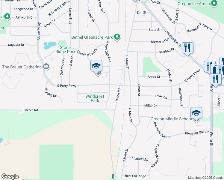 map of restaurants, bars, coffee shops, grocery stores, and more near 608 South Burr Oak Avenue in Oregon